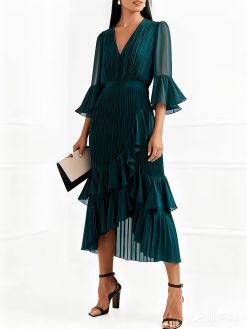 Women’s Teal Pleated Ruffle Midi Dress