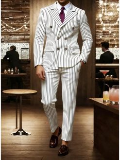 Men’s White Pinstripe Double-Breasted Suit Set